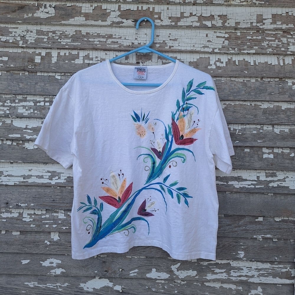 Oneita Power-T White Shirt Vintage Painted Design Size xl